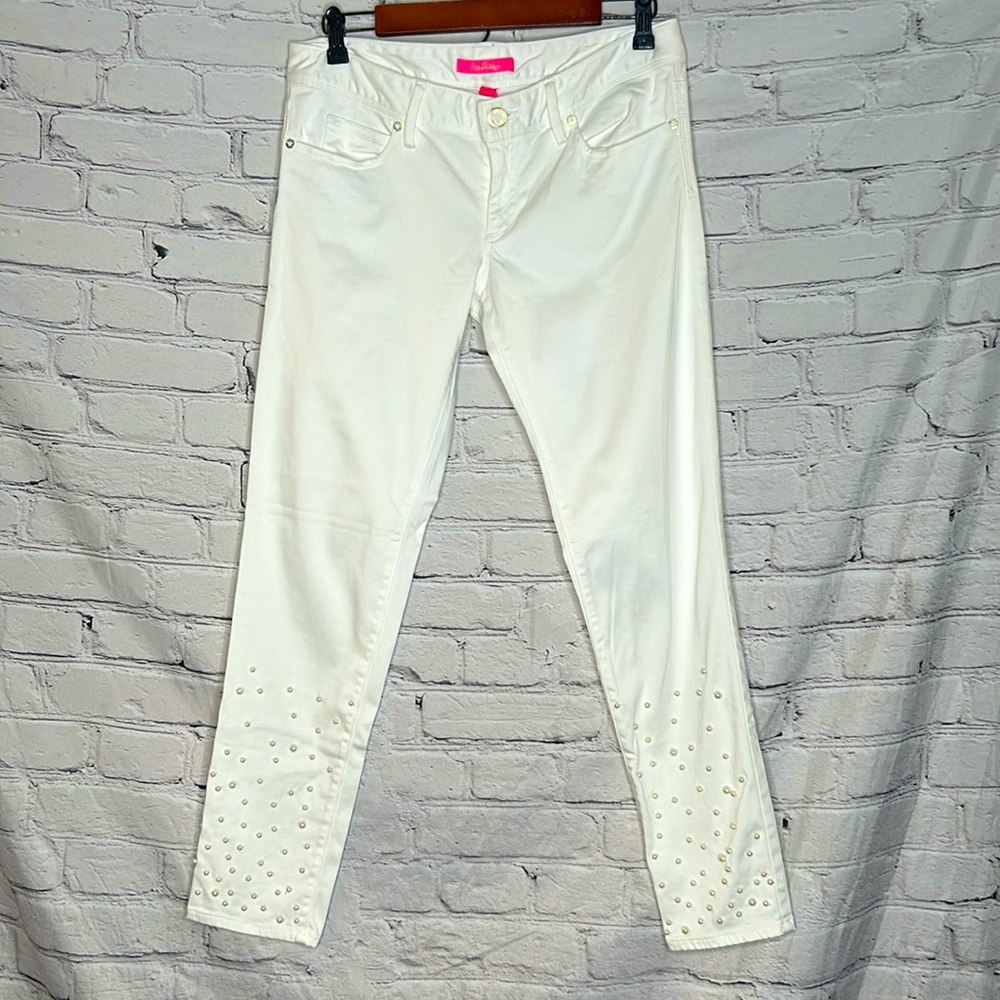 Lilly Pulitzer White Pearl Embellished Skinny Jeans Size 6 Excellent Condition